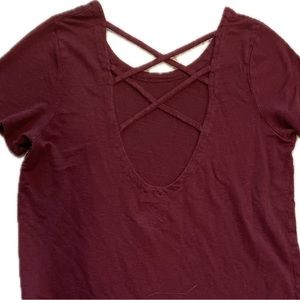 CHASER Criss Cross Back T-Shirt Maroon Burgundy Size M linen blend